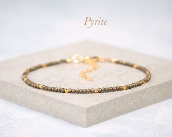 Dainty Pyrite Gemstone Bracelet, Tiny 2mm Gemstone & Gold Fill or Sterling Silver Bracelet, Delicate Gemstone Stacking Bracelet