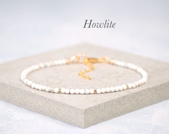 Dainty Howlite Gemstone Bracelet, Tiny 2mm White Gemstone & Gold Fill or Sterling Silver, Delicate Gemstone Stacking Bracelet