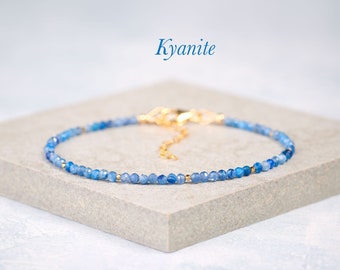 Dainty Kyanite Gemstone Bracelet, AAA Grade High Quality Tiny 2mm Blue Gemstone & Gold Fill or Sterling Silver Delicate Stacking Bracelet