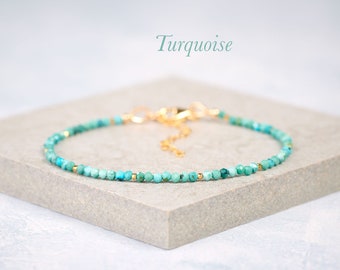 Dainty Turquoise Gemstone Bracelet, Tiny 2mm natural Turquoise and Gold Fill/Sterling Silver Stacking Bracelet, December Birthstone