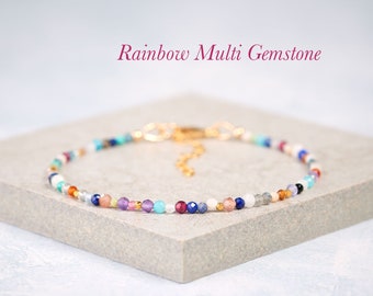 Dainty Rainbow Gemstone Bracelet, Tiny 2mm Multi Gemstone Beads, Gold Fill or Sterling Silver, Stacking Bracelet