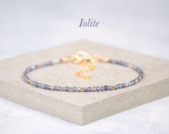 Dainty Iolite Gemstone Bracelet, Tiny 2mm Inky Blue 'Water Sapphire' Gemstone & Gold Fill or Sterling Silver Delicate Stacking Bracelet