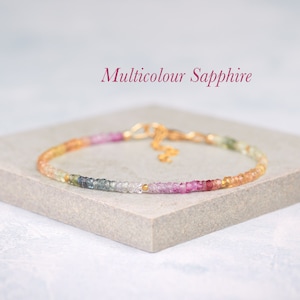Dainty Multicolour Sapphire Gemstone Bracelet, Genuine Blue, Green, Pink & Yellow Sapphire, Sterling Silver/Gold Fill, September Birthstone image 1