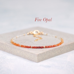 Dainty Mexican Fire Opal Bracelet, Tiny AAA Grade Ombre Red-Orange Gemstone, Sterling Silver/Gold Fill Stacking Bracelet, October Birthstone