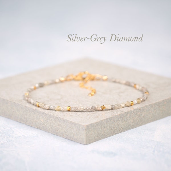 Dainty Raw Diamond Bracelet, Rough Silver-Grey Diamonds, Gold Filled or Sterling Silver, April Birthstone, 2-4mm Gemstone Stacking Bracelet