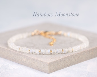 Moonstone Bracelet, Natural Rainbow Moonstone Gemstone and Gold Fill or Sterling Silver Bracelet, Stacking Bracelet, June Birthstone