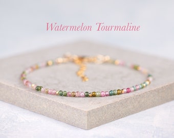 Dainty Tourmaline Gemstone Bracelet, Tiny 2mm Mixed Multicolour AA Grade Watermelon Tourmaline, Gold Fill/Sterling Silver Stacking Bracelet