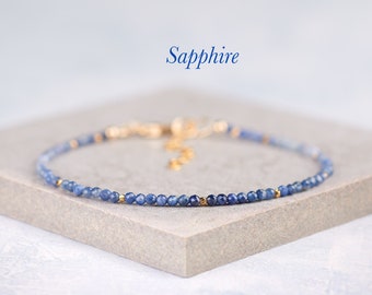 Dainty Blue Sapphire Bracelet, Tiny 2mm Ombre Blue Sapphire Gemstones, Sterling Silver or Gold Fill Stacking Bracelet, September Birthstone