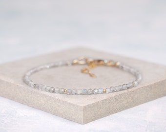 Dainty Labradorite Gemstone Bracelet, Tiny 2mm Grey Gemstone with Blue Flash, Gold Fill / Sterling Silver Delicate Stacking Bracelet