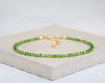 Chrome Diopside Dainty Gemstone Bracelet, Tiny AAA Grade Emerald Green Gemstone & Gold Fill/925 Sterling Silver Minimalist Stacking Bracelet