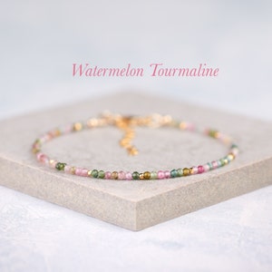 Dainty Tourmaline Gemstone Bracelet, Tiny 2mm Mixed Multicolour AA Grade Watermelon Tourmaline, Gold Fill/Sterling Silver Stacking Bracelet