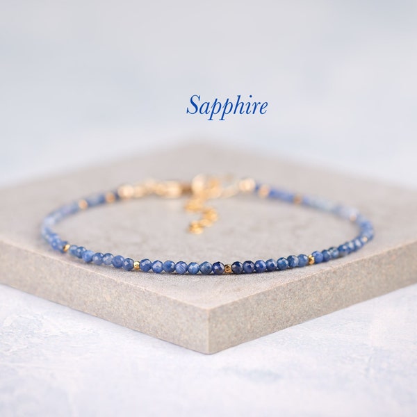 Dainty Blue Sapphire Bracelet, Tiny 2mm Ombre Blue Sapphire Gemstones, Sterling Silver or Gold Fill Stacking Bracelet, September Birthstone