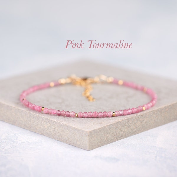 Dainty Pink Tourmaline Gemstone Bracelet, Tiny 2mm Grade A Pink Tourmaline Gemstones, Gold Fill/Sterling Silver Stacking Bracelet