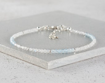 Dainty Blue Aquamarine, Rainbow Moonstone & Rose Quartz Gemstone Bracelet, Sterling Silver / Gold Fill, Calming Healing Stacking Bracelet