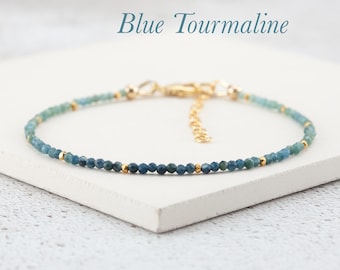 Dainty Blue Tourmaline Bracelet, Tiny 2mm Ombre Shaded Blue Gemstone Beads, Gold Fill or Sterling Silver, Minimalist Blue Crystal Bracelet