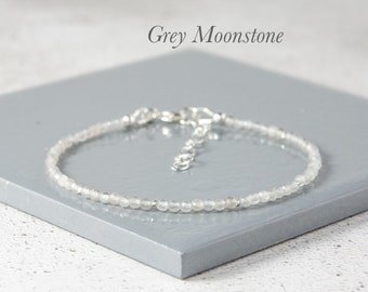 Dainty Grey Moonstone Bracelet, Tiny 2mm Light Grey Gemstone, Gold Fill / 925 Sterling Silver Stacking Bracelet, June Birthstone Gift