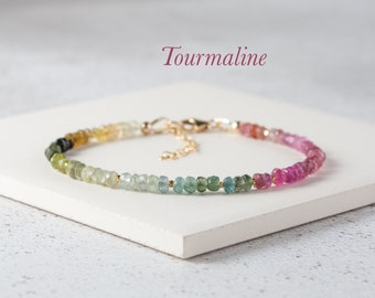 Tourmaline Gemstone Bracelet, Dainty Multicolour Watermelon Tourmaline, Gold Fill/Sterling Silver October Birthstone Bracelet Gift For Her