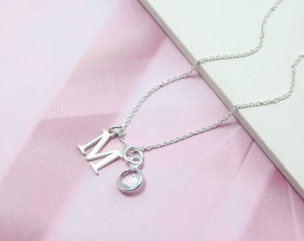 Initial & Crystal Quartz April Birthstone Necklace, Personalised Sterling Silver Letter Necklace, Clear Quartz Gemstone Dainty Monogram