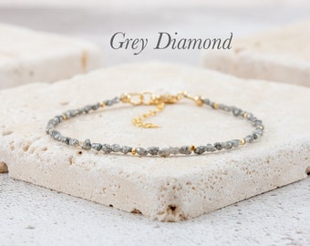 Dainty Raw Diamond Bracelet, Rough Silvery-Grey Diamonds, Gold Filled or Sterling Silver, April Birthstone, 2-4mm Gemstone Stacking Bracelet