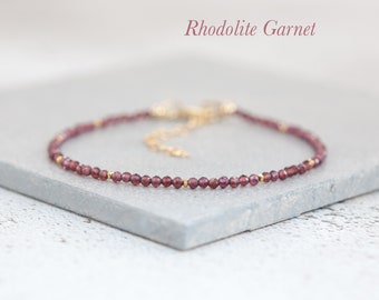 Dainty Rhodolite Garnet Gemstone Bracelet, Red / Pink Sterling Silver/Gold Fill January Birthstone Stacking Bracelet, 2nd Anniversary Gift