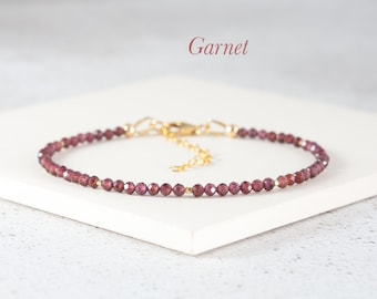 Deep Red Garnet Gemstone Bracelet, Sterling Silver/Gold Fill Dainty January Birthstone Stacking Bracelet, 2nd Anniversary Gift For Her