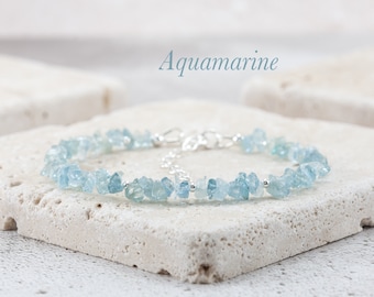 Raw Aquamarine Bracelet, Delicate Blue Aquamarine Gemstone Beaded Bracelet, Sterling Silver or Gold Fill, March Birthstone Stacking Bracelet