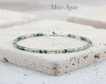 Dainty Green Moss Agate Gemstone Bracelet, Sterling Silver or Gold Fill, Tiny Tube Beads, Minimalist Stacking Bracelet