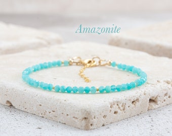 Dainty Amazonite Gemstone Bracelet, Natural Aqua Mint Blue Gemstone and Gold or Silver, AAA Grade High Quality Minimalist Stacking Bracelet