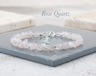 Raw Rose Quartz Gemstone Bracelet, Delicate Pale Pink Rough Gemstone Beaded Bracelet, Sterling Silver / Gold Fill, Love & Friendship, Boho