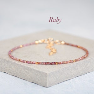 Dainty Ruby Gemstone Bracelet in Solid Sterling Silver / Gold Fill, Genuine Ombre Ruby Minimalist Stacking Bracelet