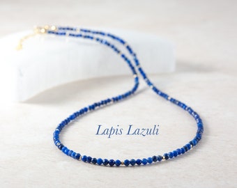 Dainty Lapis Lazuli Gemstone Necklace, Tiny Blue Gemstone Beads, Gold Fill / Sterling Silver, Delicate Beaded Necklace Gift for Her