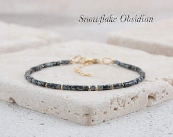 Dainty Snowflake Obsidian Bracelet, Tiny Black & White Gemstone Tube Beads, Gold Fill/Sterling Silver, Delicate Minimalist Stacking Bracelet