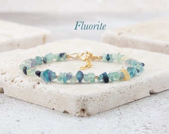 Raw Fluorite Gemstone Bracelet, Delicate Multicolour Fluorite Rough Gemstone Beaded Bracelet, Sterling Silver / Gold Fill Stacking Bracelet