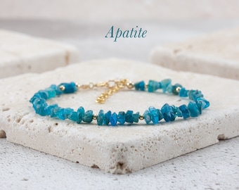 Raw Apatite Gemstone Bracelet, Delicate Peacock Blue Apatite Rough Gemstone Beaded Bracelet, Sterling Silver / Gold Fill Stacking Bracelet