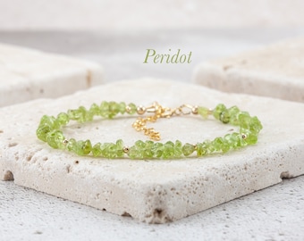 Raw Peridot Bracelet, Delicate Green Peridot Gemstone Beaded Bracelet, Sterling Silver or Gold Fill, August Birthstone Stacking Bracelet