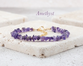 Raw Amethyst Gemstone Bracelet, Delicate Purple Amethyst Rough Gemstone Beaded February Birthstone Bracelet, Sterling Silver / Gold Fill