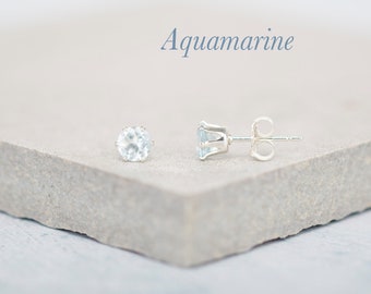 Dainty Aquamarine Stud Earrings, 925 Sterling Silver or Gold Filled Settings, Aquamarine Post Earrings, March Birthstone, 4mm Stones