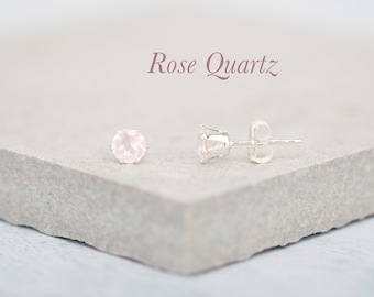 Dainty Rose Quartz Stud Earrings, Tiny 4mm Pale Pink Gemstones, 925 Sterling Silver or Gold Fill Post Earrings, Love & Friendship Gift