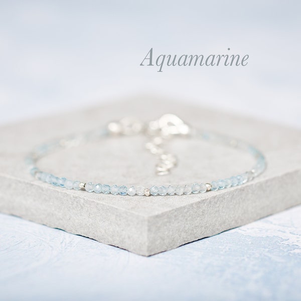 Dainty Aquamarine Gemstone Bracelet, Tiny AAA Grade Blue Aquamarine Beads, March Birthstone, Sterling Silver Or Gold Fill, Stacking Bracelet