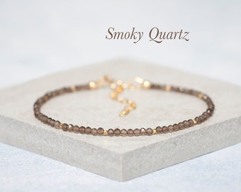 Smoky Quartz Gemstone Bracelet, Delicate Tiny Gemstone & Gold Fill or Sterling Silver Bracelet, Stacking Bracelet