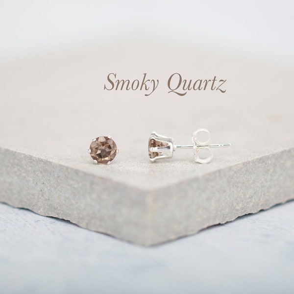 Dainty Smoky Quartz Stud Earrings, Tiny 4mm Brown Gemstones, 925 Sterling Silver or Gold Fill Posts, Scottish Gemstone, Everyday Earrings