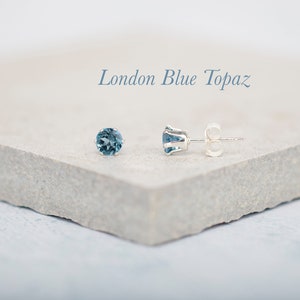Dainty London Blue Topaz Gemstone Stud Earrings, Genuine London Blue Topaz & 925 Sterling Silver / Gold Filled Posts, December Birthstone