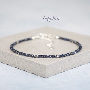 Dainty Sapphire Bracelet, Tiny 2mm Deep Blue-Black Sapphire Gemstones, Sterling Silver or Gold Fill, Stacking Bracelet, September Birthstone