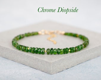 Chrome Diopside Gemstone Bracelet, High Quality Emerald Green Gemstone Beads & Gold Fill or 925 Sterling Silver, Stacking Bracelet