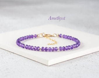 Amethyst Bracelet, High Quality Grade AAA Purple Amethyst Gemstone Beaded Bracelet, Gold Fill / Sterling Silver, February Birthstone Gift