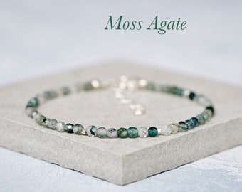 Green Moss Agate Dainty Bracelet, Tiny 3mm Gemstone and Sterling Silver or Gold Fill Bracelet, Skinny Stacking Gemstone Bracelet