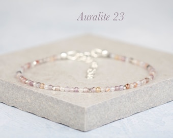 Dainty Auralite 23 Gemstone Bracelet, Tiny 2mm Multicolour Auralite Crystal Beads, Sterling Silver Or Gold Fill, Mindfulness Crystal Healing