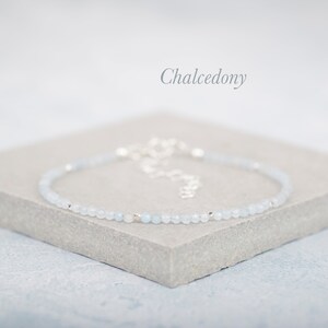 Dainty Chalcedony Gemstone Bracelet, Tiny 2mm Pale Baby Blue Gemstone Beads, Sterling Silver / Gold Fill, Minimalist Stacking Bracelet