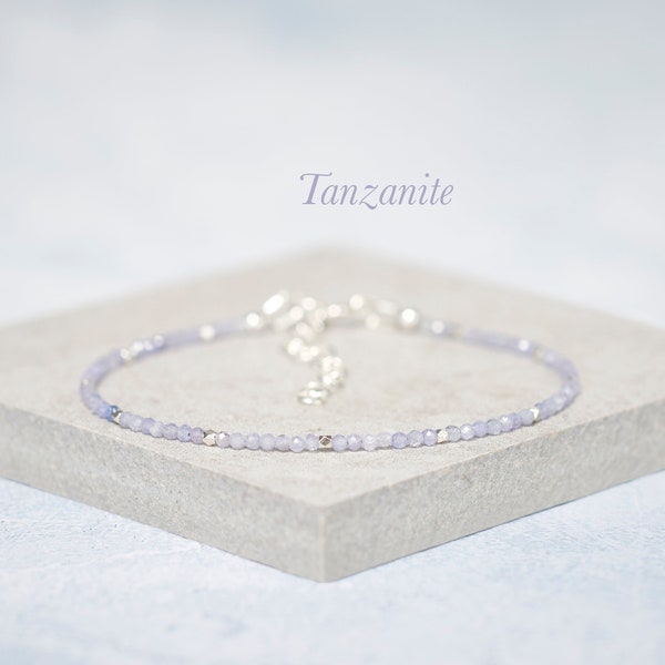 Dainty Tanzanite Bracelet, Tiny 2mm Gemstone and Sterling Silver or Gold Fill, December Birthstone, Delicate Stacking Gemstone Bracelet