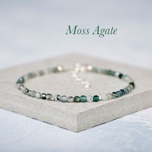Green Moss Agate Dainty Bracelet, Tiny 3mm Gemstone and Sterling Silver or Gold Fill Bracelet, Minimalist Stacking Gemstone Bracelet